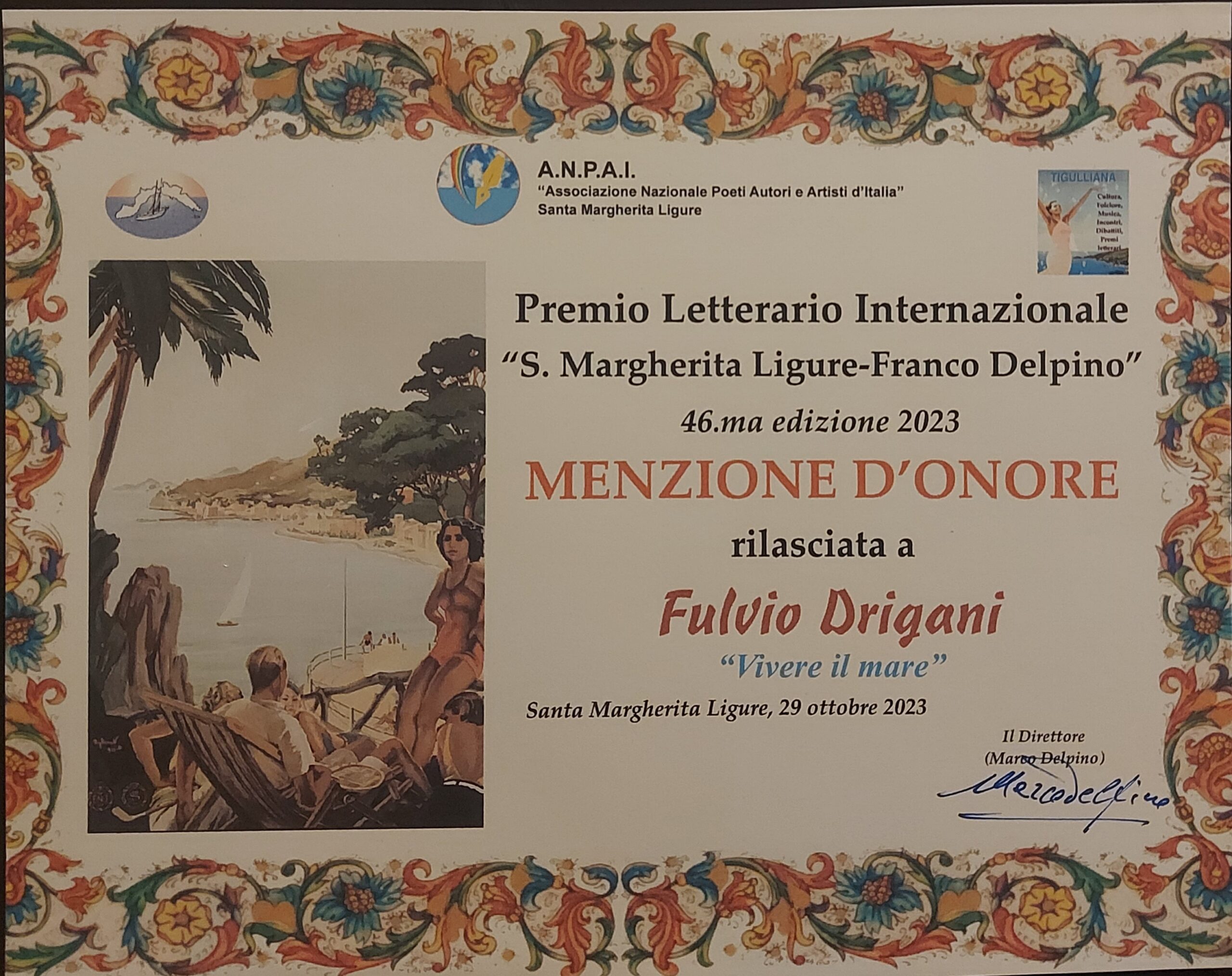 Menzione d’Onore al Premio Letterario Internazionale “Santa Margherita Ligure – Franco Delpino”